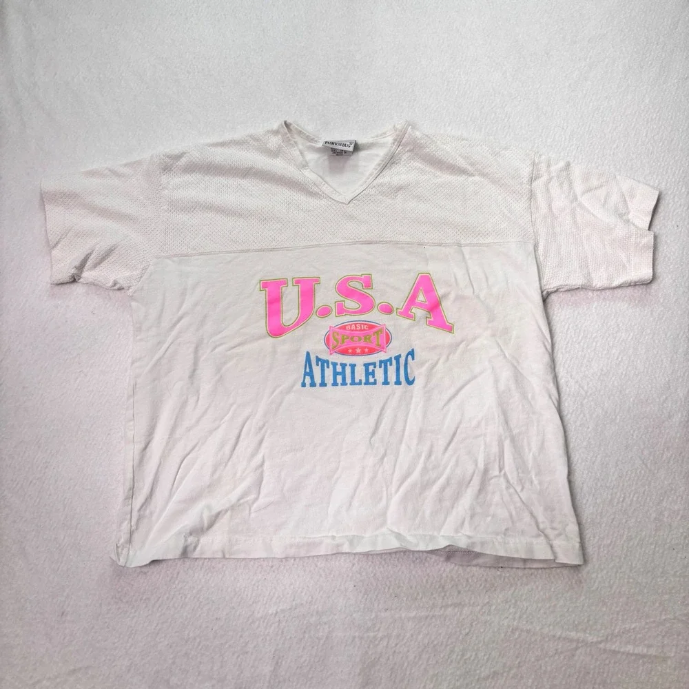 Vintage Fashion Bug USA Athletic Jersey Top Womens 14/16 White V-Neck